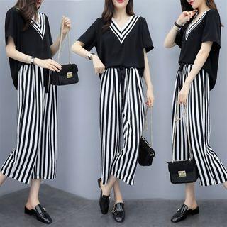 Set: Short-sleeve V-neck T-shirt + Striped Gaucho Pants