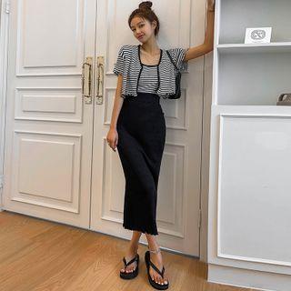 Set: Lettuce-edge Cardigan + Cami Top + Long Skirt