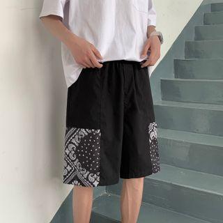 Pattern Print Panel Plain Straight Leg Shorts