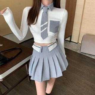 Long-sleeve Crop Top / Tie / Pleated Mini Skirt / Set