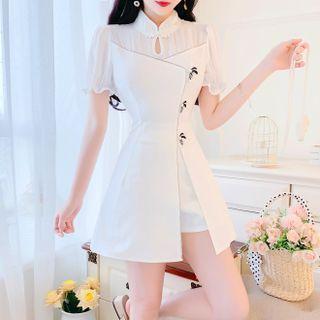 Set: Puff-sleeve Lace A-line Dress + Shorts