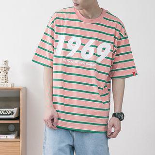 Striped Lettering Elbow Sleeve T-shirt