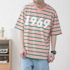 Striped Lettering Elbow Sleeve T-shirt