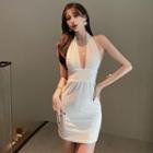 V-neck Open-back Plain Halter Mini Dress