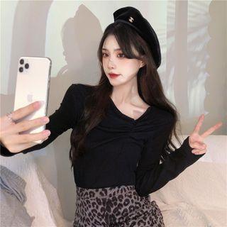 Long-sleeve Skew Neckline Shirred Top