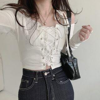 Long-sleeve Cold-shoulder Lace-up Crop Top White - One Size
