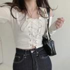 Long-sleeve Cold-shoulder Lace-up Crop Top White - One Size