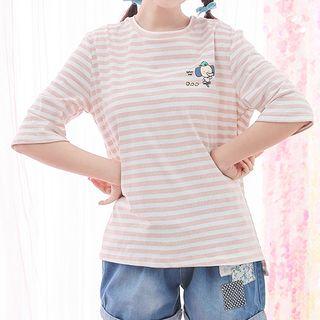 Elephant Print Striped Elbow-sleeve T-shirt