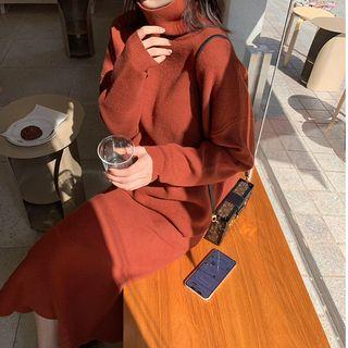 Set: Plain Turtle-neck Loose-fit Sweater + Knit Skirt