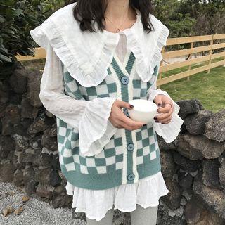 Plaid Knit Vest / Peter-pan-collar Blouse