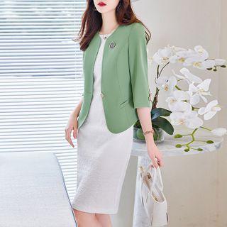 Elbow-sleeve Jacket / Sleeveless Midi Sheath Dress