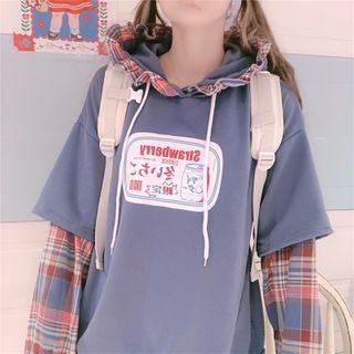 Cartoon Print Plaid Panel Hoodie