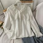 Ruffled-trim Button-up V-neck Top White - One Size