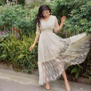 Elbow-sleeve Tiered A-line Maxi Lace Dress