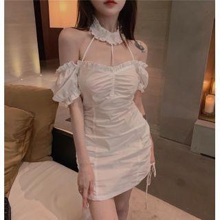 Short-sleeve Drawstring Shirred Halter Dress White - One Size