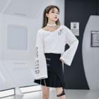 Bell-sleeve Lettering Print T-shirt / Buckled Pleated Mini A-line Skirt