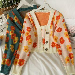 Set: Flower-print Knit Camisole Top + Cropped Cardigan