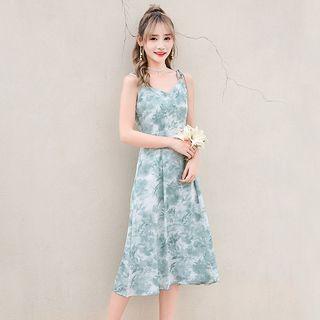 Flower Print Shoulder-tie Midi Chiffon Dress
