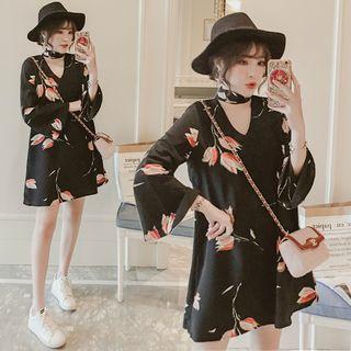 Floral Print Long-sleeve Choker Dress