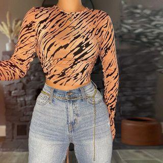 Long Sleeve Zebra-print Crop Top
