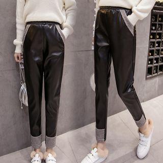 Faux Leather Shearling Panel Slim-fit Pants