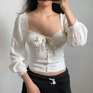 Long-sleeve Bow V-neck Shirt