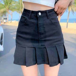 Pleated Denim Mini Pencil Skirt