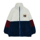 Stand-collar Bear Embroidered Color Block Fleece Zip Jacket