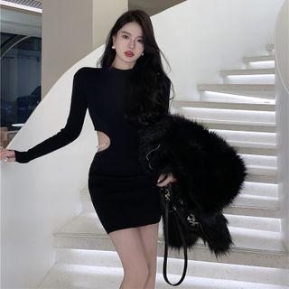 Long-sleeve Cutout Beaded Knit Mini Bodycon Dress