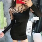 Long-sleeve Mesh Panel Mini Dress Black - One Size