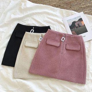 Plain Faux Pocket Zip Acrylic Skirt
