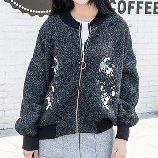Flower Embroidered Fleece Zip Jacket