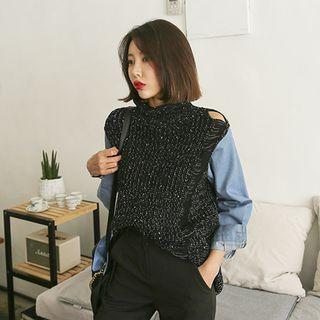Mock-neck Denim-sleeve Distressed Sweater
