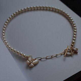 Butterfly Faux Pearl Pendant Alloy Necklace Gold - One Size