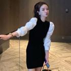 Balloon-sleeve Paneled Mini Knit Dress
