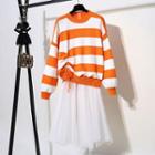 Drawstring Striped Sweater / A-line Midi Mesh Skirt / Set