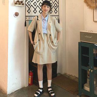 Check Short-sleeve Shirt / Set: Plain Short-sleeve Light Jacket + Skirt