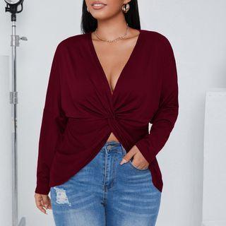 Plus Size Long-sleeve V-neck Twisted Plain Top