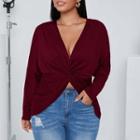 Plus Size Long-sleeve V-neck Twisted Plain Top
