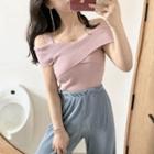 Plain Off-shoulder Slim-fit Short-sleeve Top