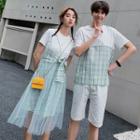Couple Matching Short-sleeve Plaid Paneled T-shirt / Shorts / Mesh Overlay A-line Dress / Set
