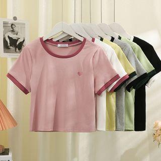 Heart-embroidered Short-sleeve Crop T-shirt In 6 Colors