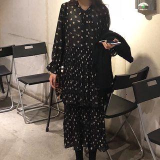 Long-sleeve Floral Print Midi Pleated Dress / Cable-knit Sweater