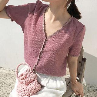 Short-sleeve Lace Trim Buttoned Crinkled Top