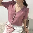 Short-sleeve Lace Trim Buttoned Crinkled Top