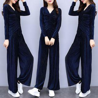 Set: Long-sleeve Velvet Drawstring Top + Wide-leg Pants