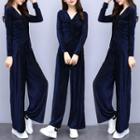 Set: Long-sleeve Velvet Drawstring Top + Wide-leg Pants