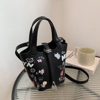 Graphic Print Faux Leather Bucket Bag