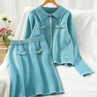 Set: Contrast Trim Cardigan + A-line Skirt