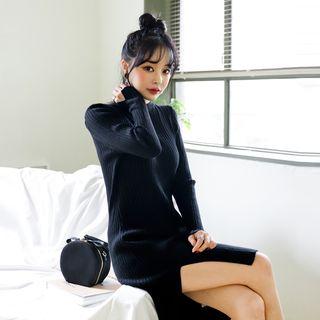 Crew-neck Slit-side Rib-knit Dress